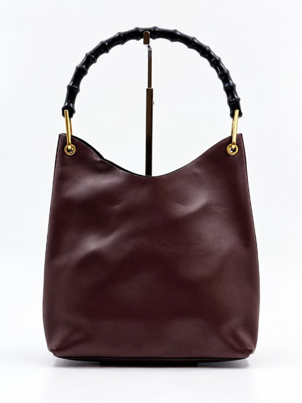Gucci Vintage Burgundy Leather Bamboo Handle Shoulder Bag Hobo Purse